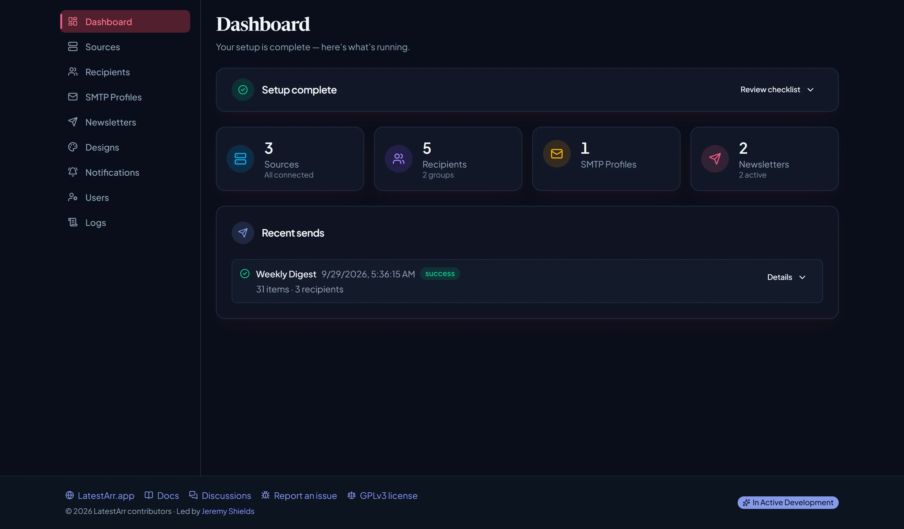 The LatestArr dashboard showing counts of sources, recipients, SMTP profiles, and newsletters, with recent sends