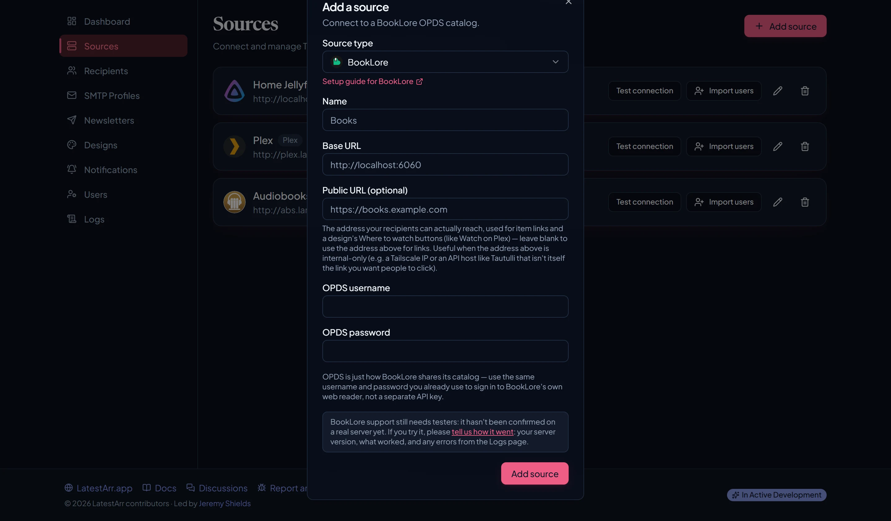 The Add source dialog with BookLore selected, showing its credential fields and a link to its setup guide