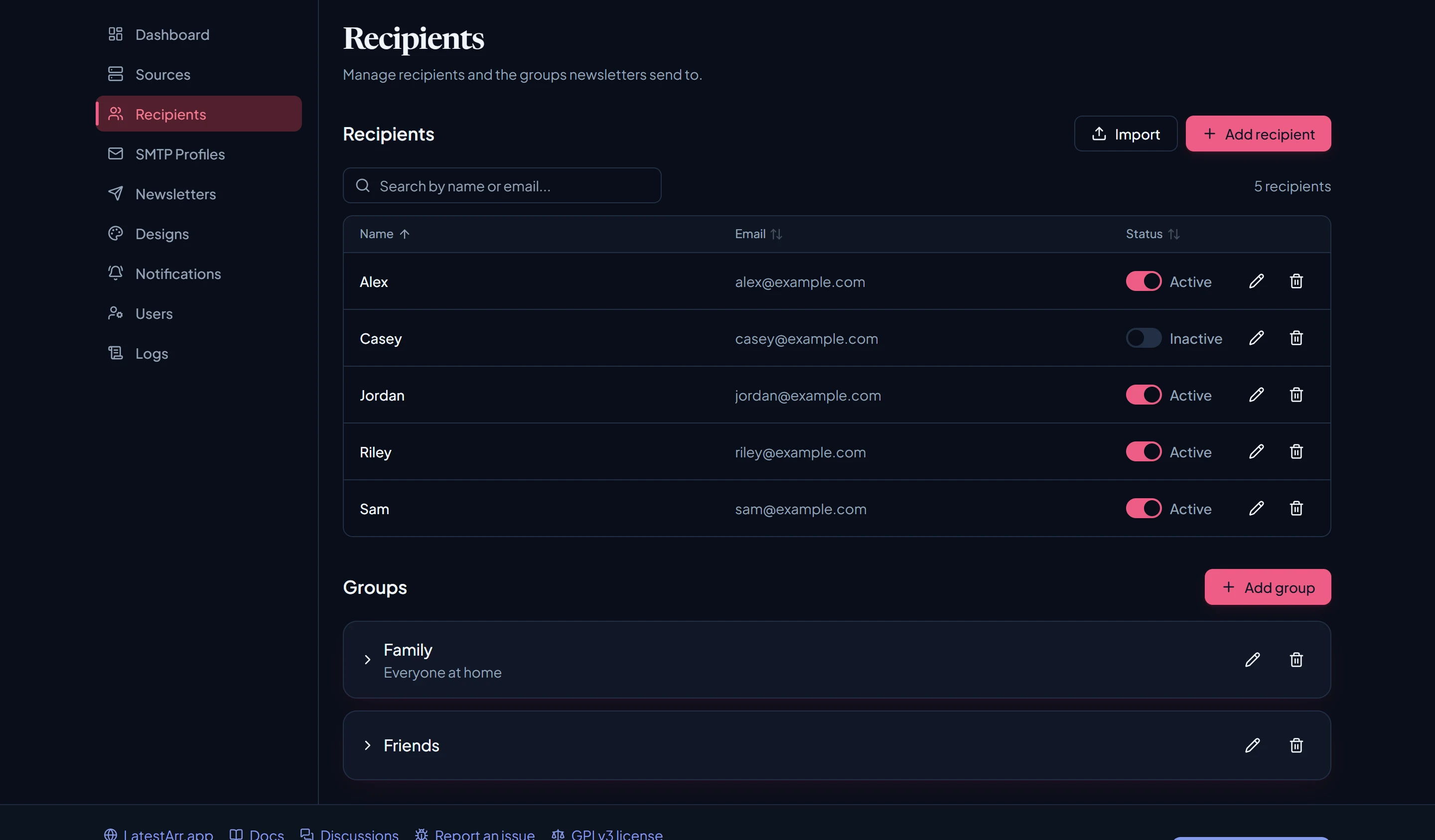 The Recipients page with a searchable table of recipients and a list of groups