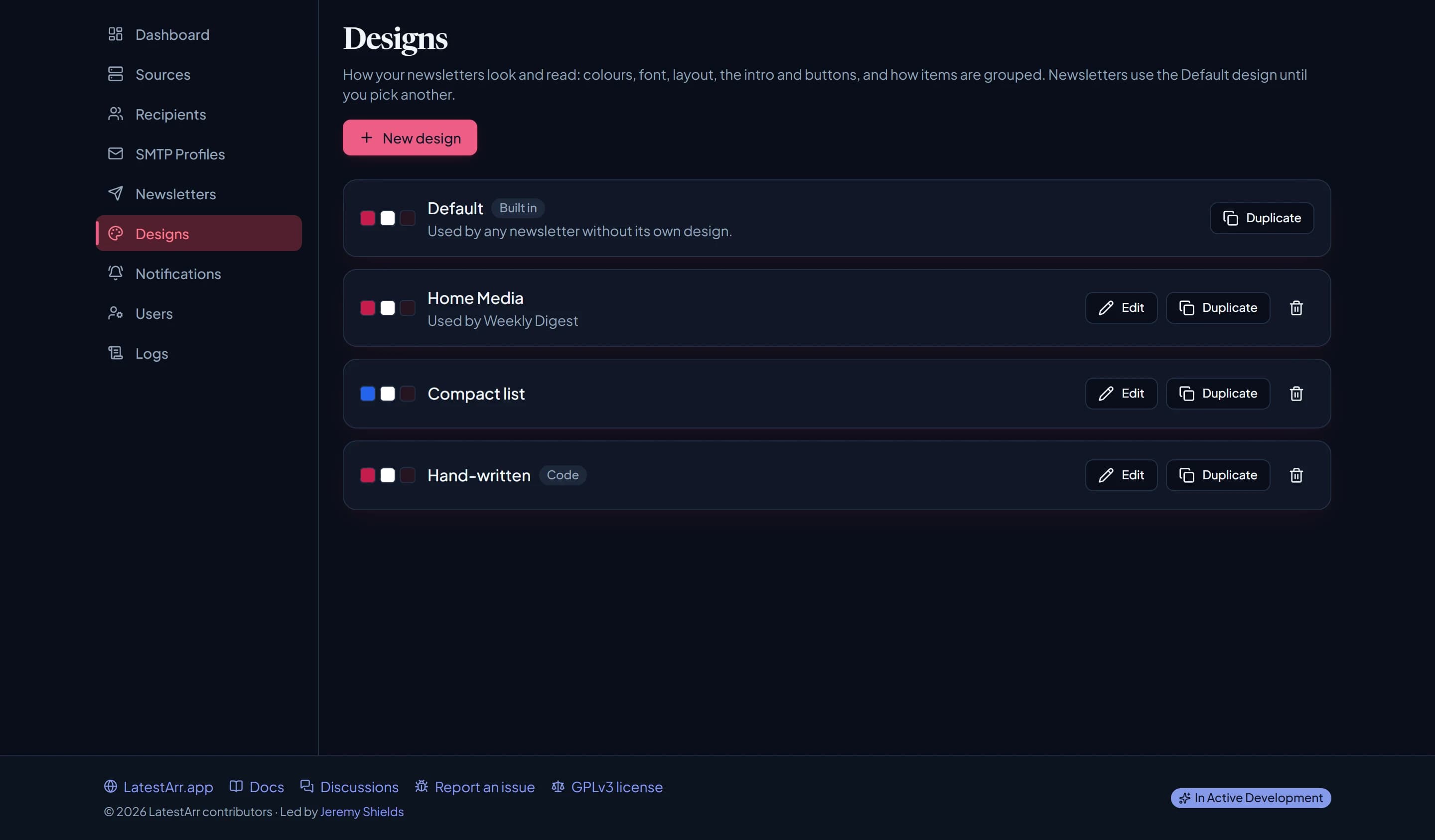 The Designs page listing the Default design, custom designs, and a code design