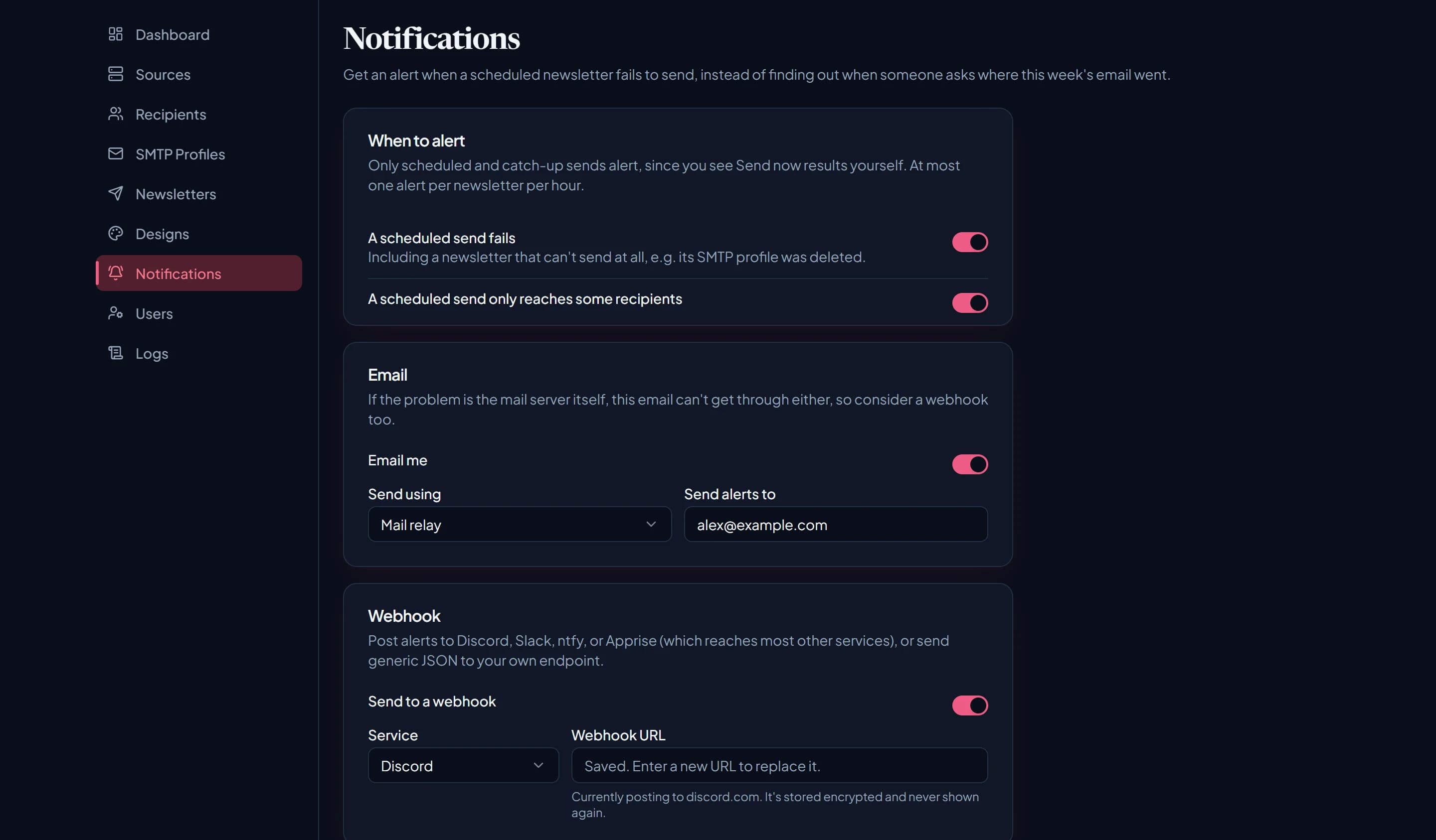 The Notifications page with failure alert settings for email and webhook