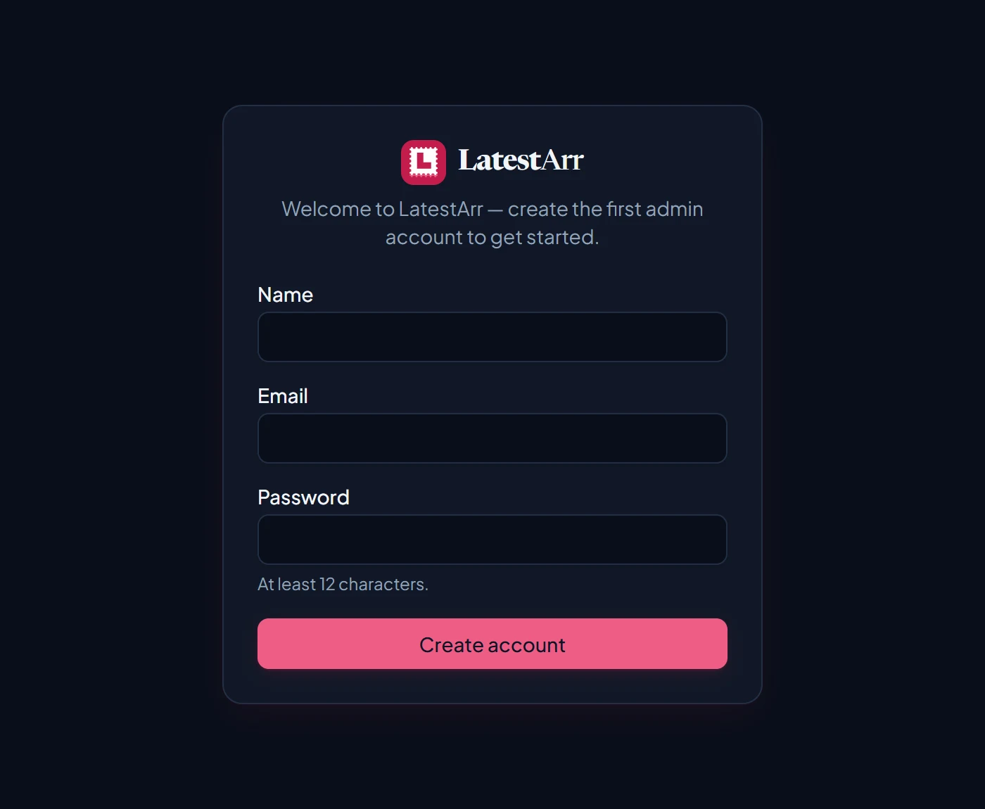 The first-run form for creating the admin account