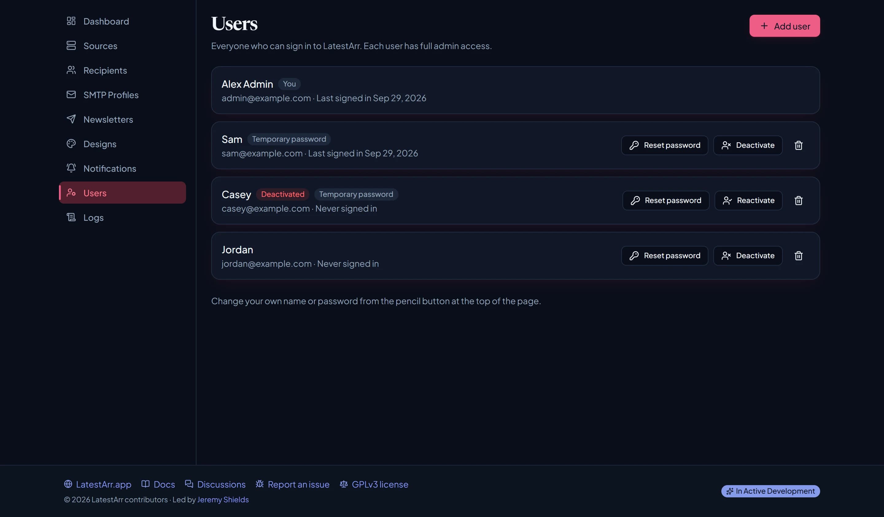 The Users page listing admins, with badges for a temporary password, a deactivated account, and actions to reset, deactivate, or delete