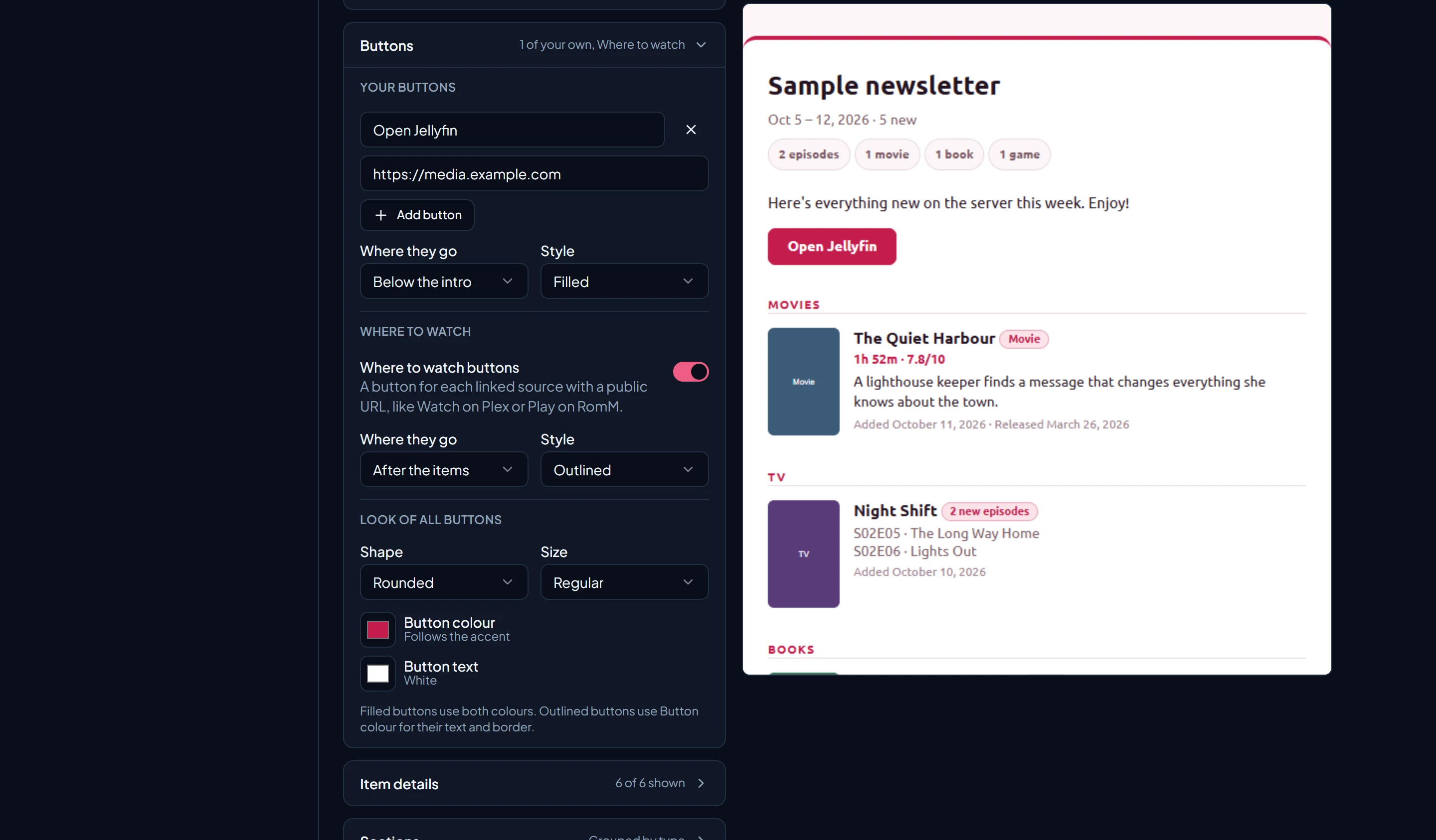 The Buttons section of the design editor: your buttons, Where to watch buttons, and the look of all buttons