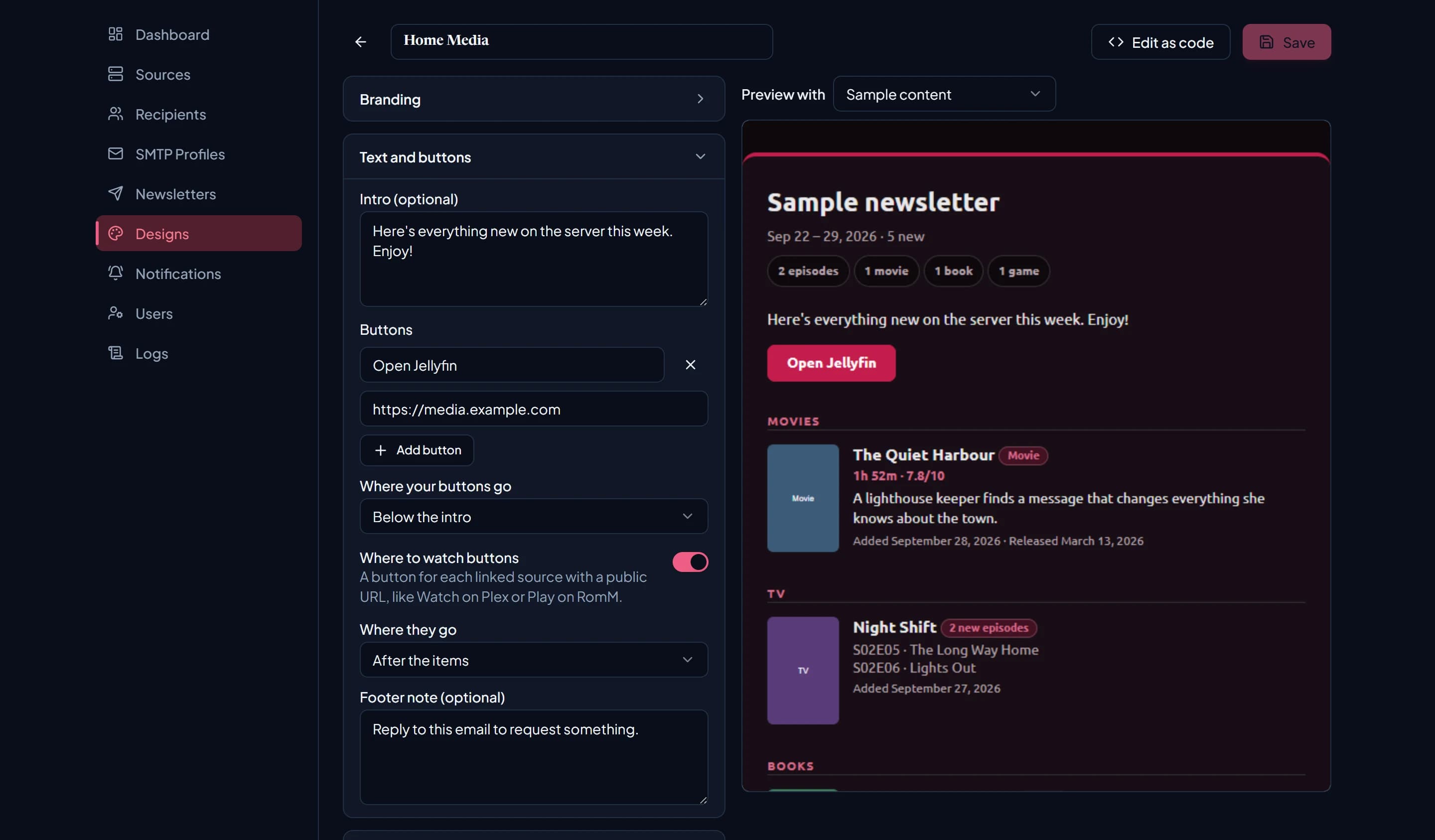 The design editor's Text and buttons panel with button placement and Where to watch options beside the live preview