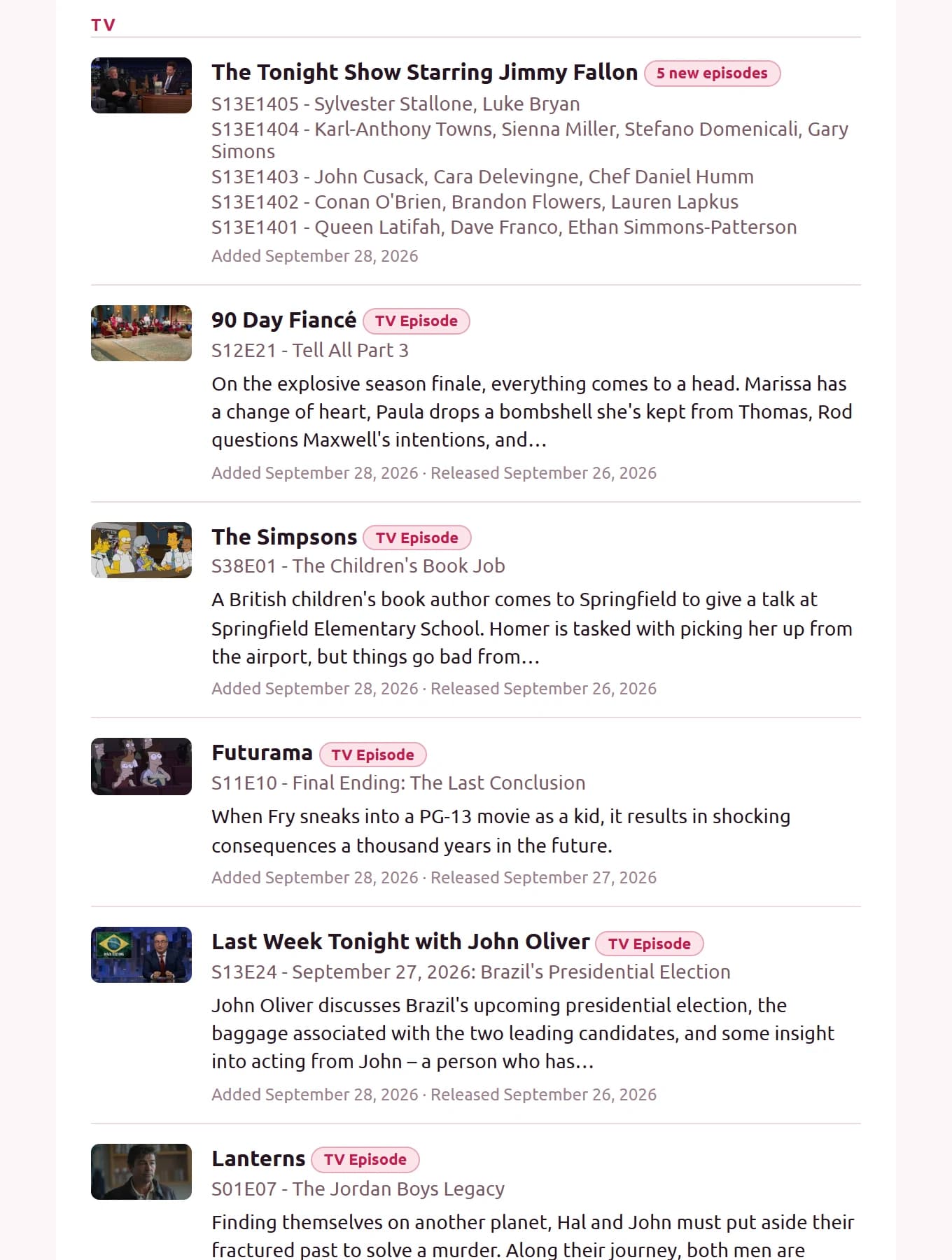 A newsletter email's TV section with a show's new episodes grouped into one row