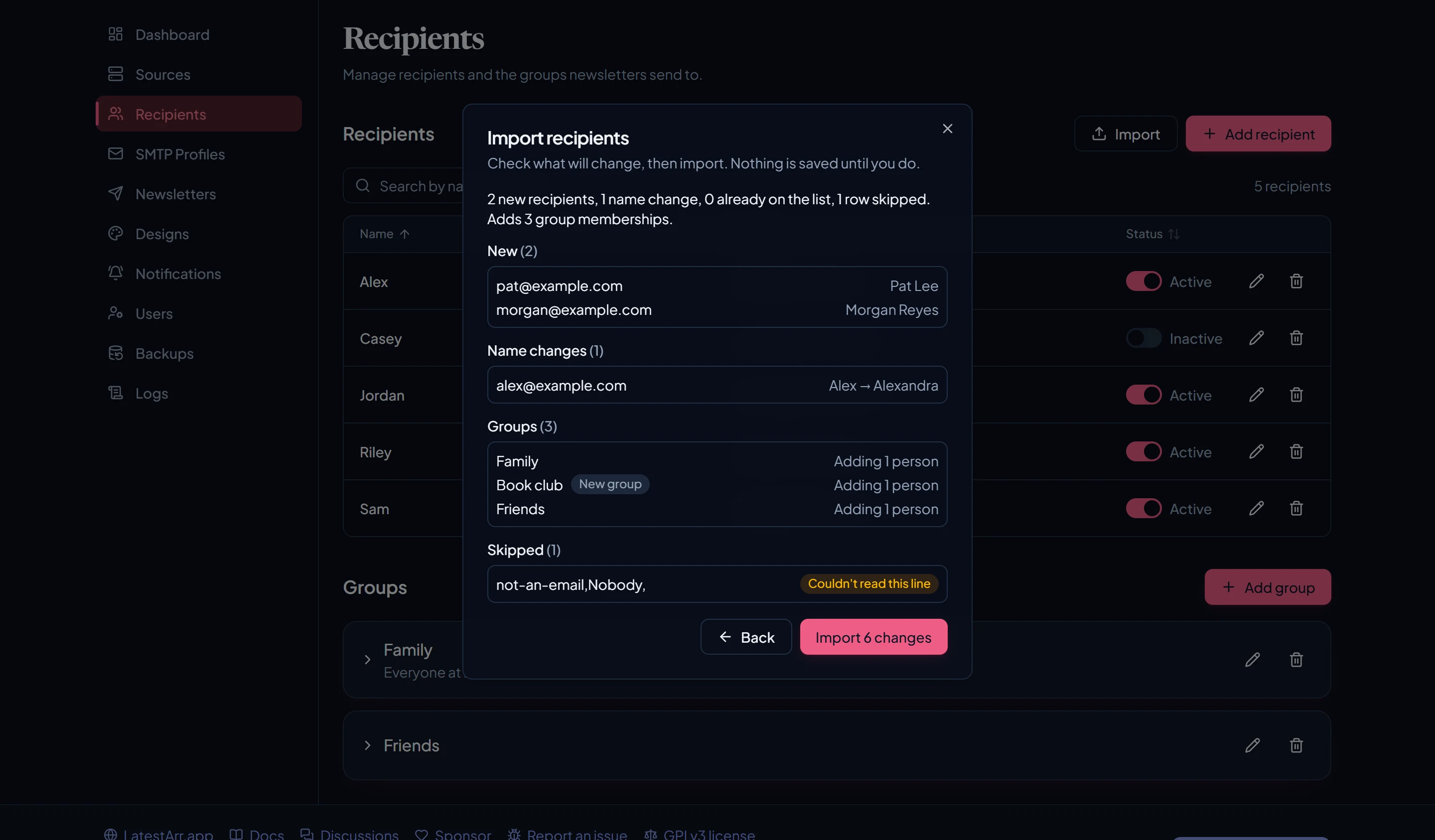 Reviewing a recipient import: new people, a name change, groups to join, and a skipped row