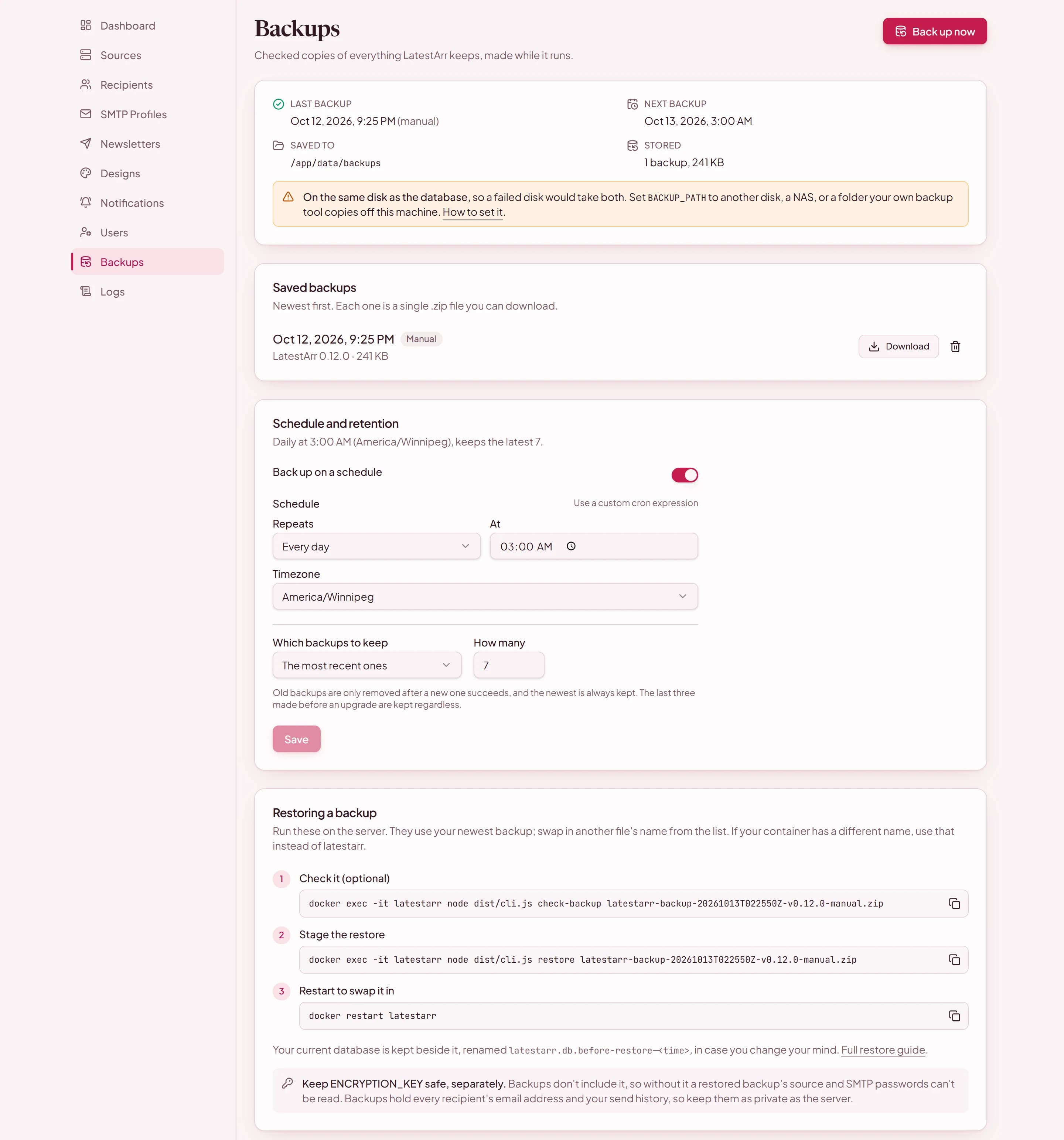 The Backups page: status, saved backups, schedule and retention, and the three restore commands