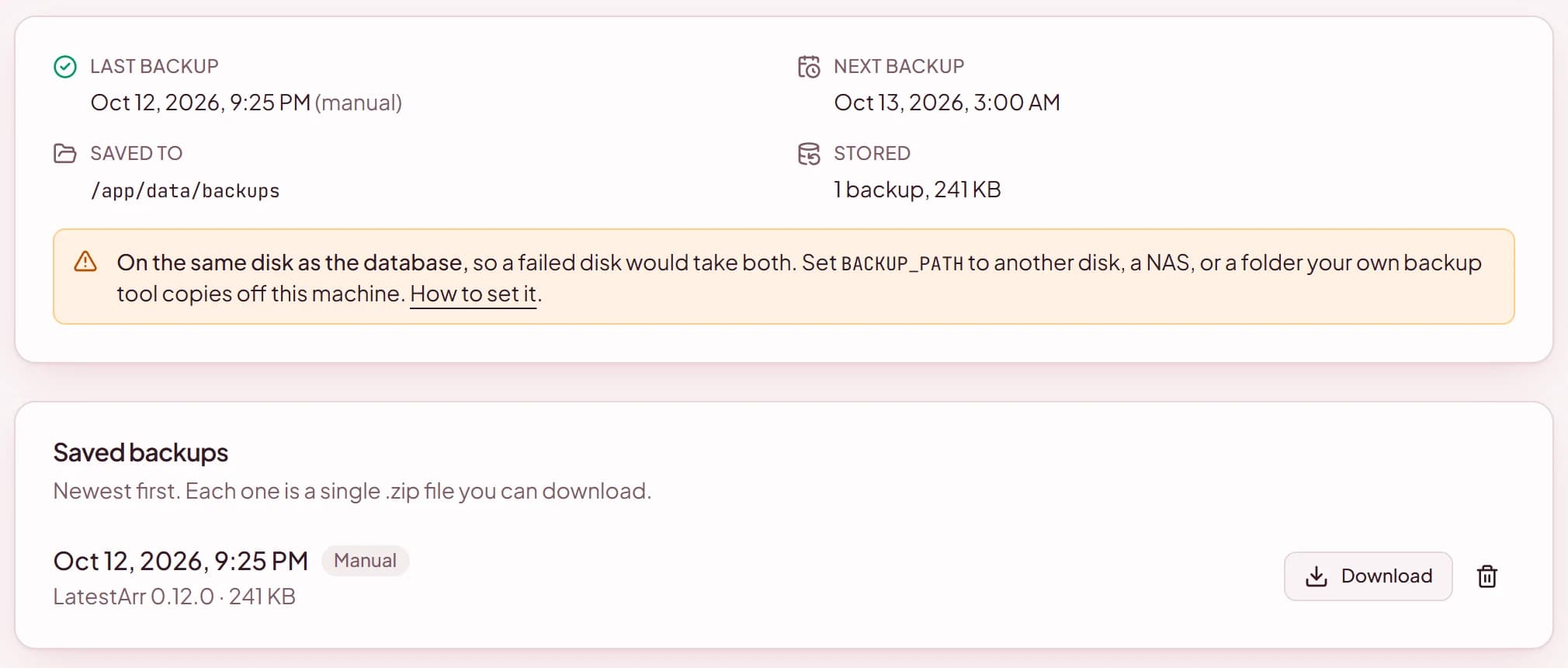 The Backups page's status card and saved backups, with a note that backups share the database's disk